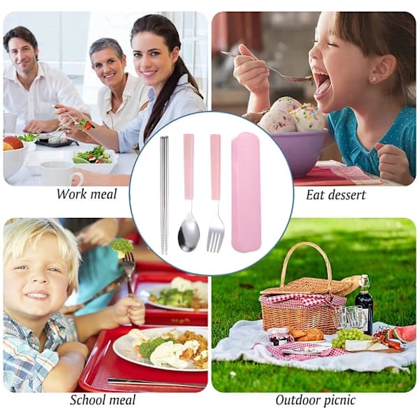 {PL}Rustfrit stål bestiksæt med æske, til camping, rejser, pink