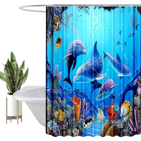 3D Digital Maleri Mønster Bruseforhæng Kraftig Polyester Stof Vandtæt Bruseforhængsforing (180x180cm, Havdelfin)