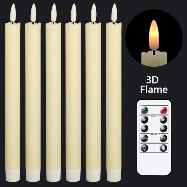 Flammeløse elfenbensfargede koniske lys som flimrer med 10-tasters fjernkontroll, batteridrevne LED-varme 3D-veke lys vinduslys jul