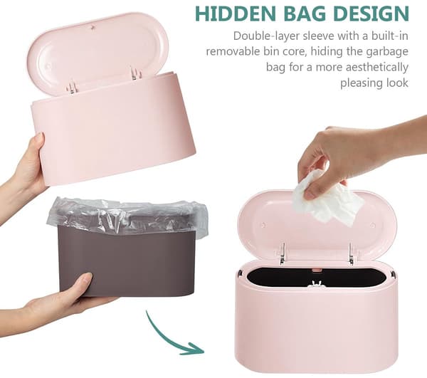 Mini papperskorg med tryckknappslock, kompakt avfallsbehållare för skrivbord, badrum, sovrum, sminkbord, rosa