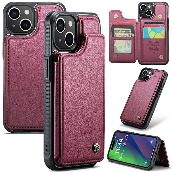 CASEME iPhone 15 Plus Kuori RFID Jalusta Lompakko Viininpunainen