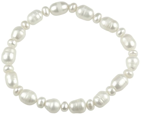 Ferskvannsperlearmbånd for kvinner, hvite ris- og knappeperler, elastisk, hypoallergenisk, 19 cm med sateng gavepose