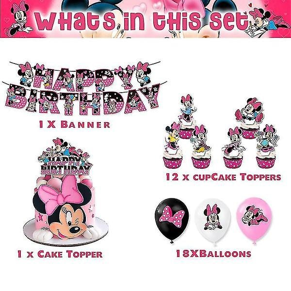 Minnie Mouse Barnkalas Dekorationer Tillbehör Banner Ballonger Tårta Toppers Set