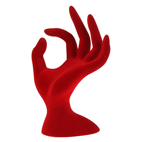 1 stk. ringholder formet som en hånd, flokket overflate, egnet for stuer, garderober, kontorer, rød, 17*11 cm, smykkeutstillingsstativ
