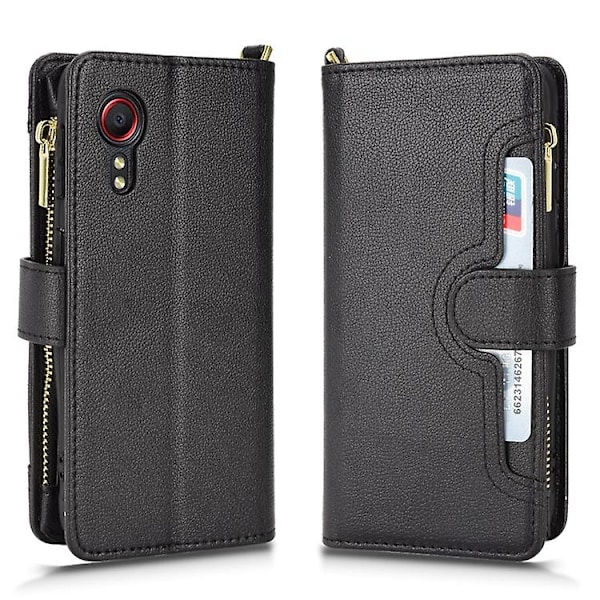Læderetui med lynlås og lychee-tekstur til Samsung Galaxy Xcover 5 Black