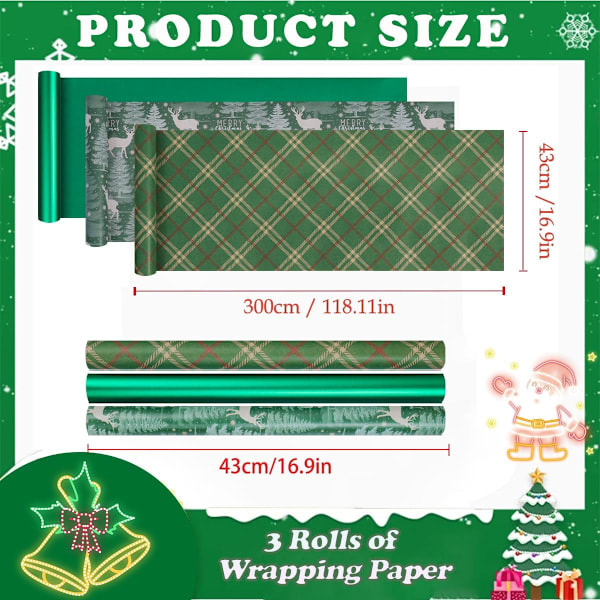 Presentpapper Stor Rulle 43cmx3m Grön Omslagspapper 3 Rullar Kraft Julpapper Tryckt med Älg och Julmotiv