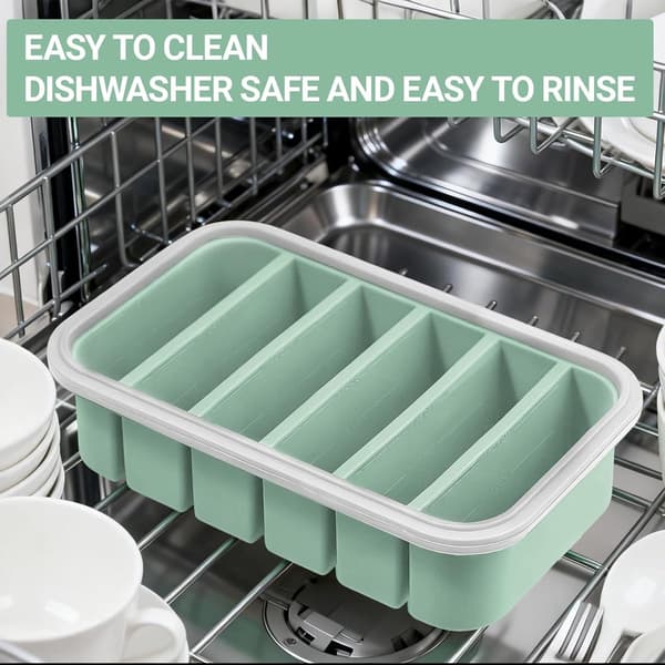 Silikonsoppfrysförpackning med lock 2-pack, 6-portions isbitsform med mått för såsbuljong barnmat, grön