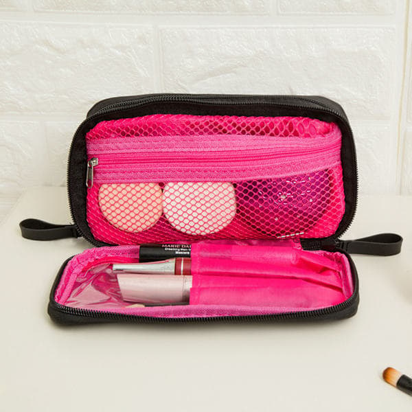 Makeup taske med dobbelte lynlåse, sort interiør, rosa rum