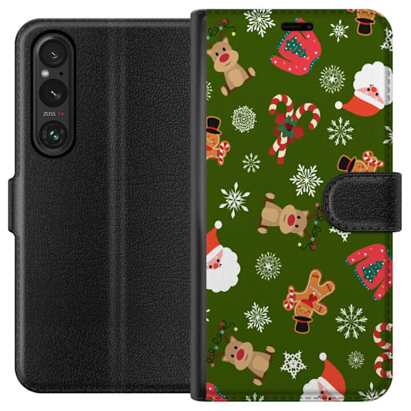 Sony Xperia 1 V Plånboksfodral Grön Julmönster