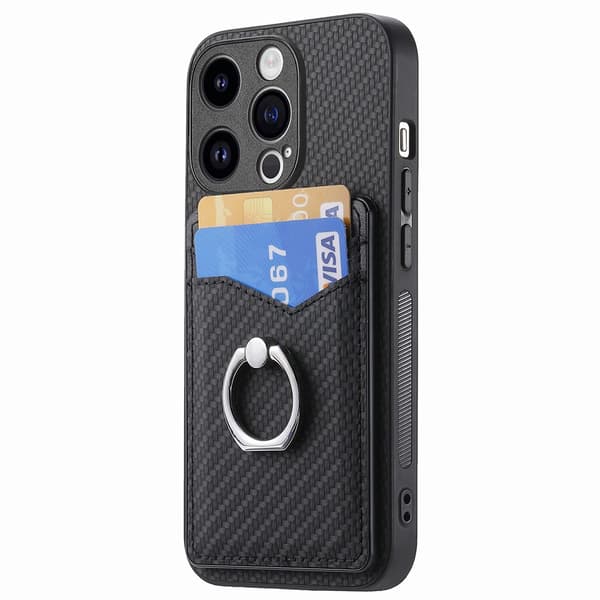 Skal iPhone 15 Pro Kortfack + Ring Kolfibertextur