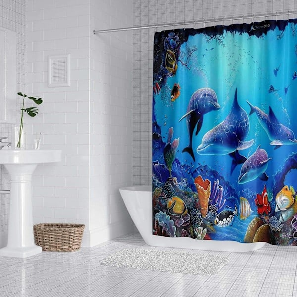 3D Digital Maleri Mønster Bruseforhæng Kraftig Polyester Stof Vandtæt Bruseforhængsforing (180x180cm, Havdelfin)