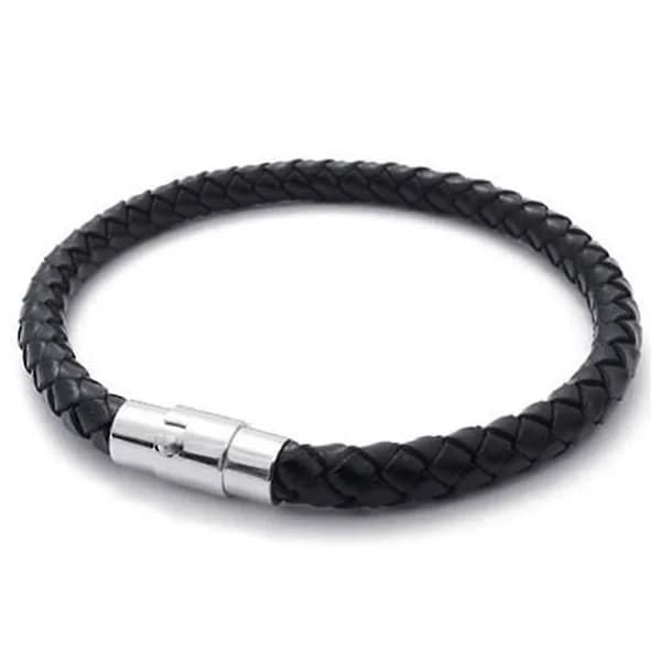 Armbånd i rustfrit stål og flettet læder, til mænd og kvinder, sort - Bredde 6 mm - Længde【PL】