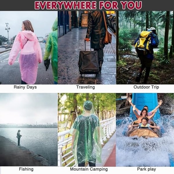5-pack Engångs Regnponchos - One Size Regn med Huva och Ärmar Perfekt för Festivaler, Camping, Fiske, Nöjesparker m.m.