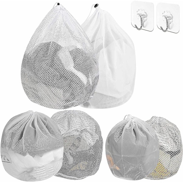 Tvättsäckar med grov och fin mask, dragsko, starka nätpåsar, 6-pack