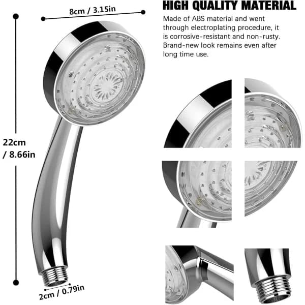 CQBB LED-brusehoved, brusehoved, let brusehoved, farvebrusehoved, LED-håndbruser, 7 farver Auto Change, Universal, Krom