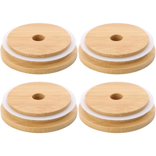 4-pack 86 mm breda bambulock med sugrörshål, återanvändbara bambulock, läckagesäkra glasburkslock för konservering och dryck