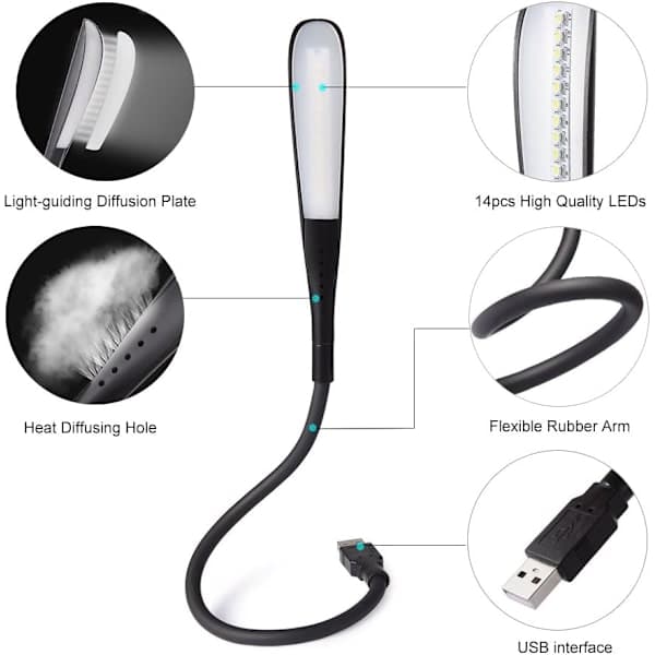 Dæmpbar USB-lampe Læselampe med 3 lysstyrkeniveauer og trykknap til bærbar computer