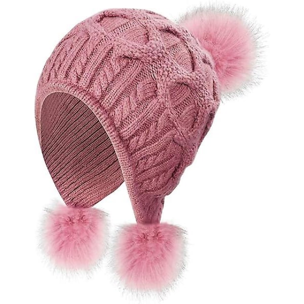 Stickad mössa för kvinnor Vinter varm mössa mössa med Pom Pom Bobble hatt stil med vindtät öronlappar (ljuslila)