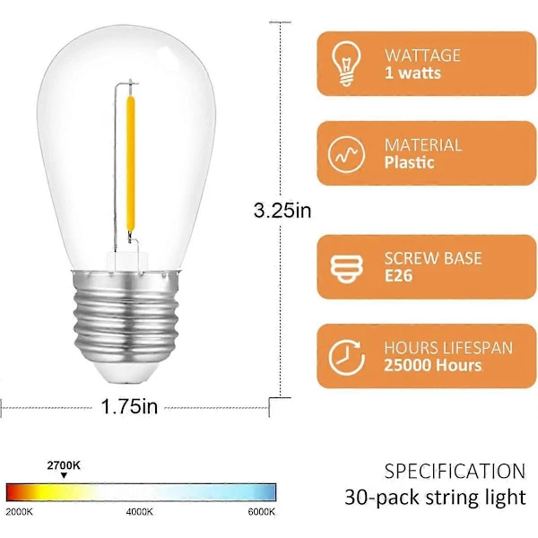 30-pack Outdoor String Lights Bulbs, Waterproof S14 Replacement Bulb, E26 Socket Warm White