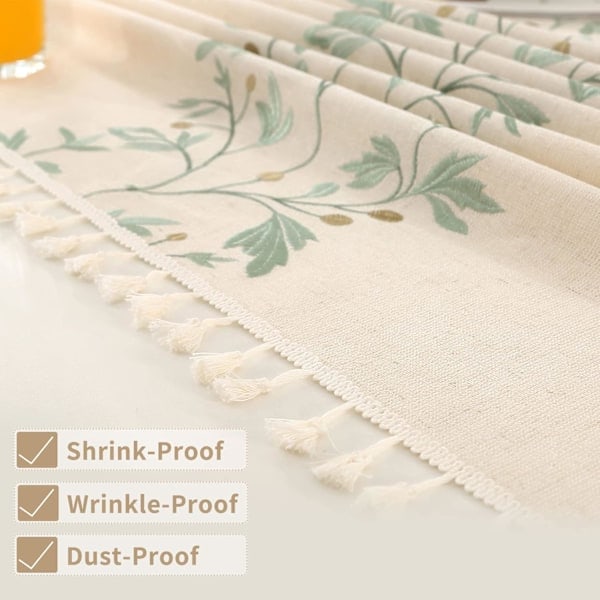 Rektangulær bomullsduk i lin, støvtett, vaskbar, beige duk med dusker, grønne broderte blader (140x220 cm)