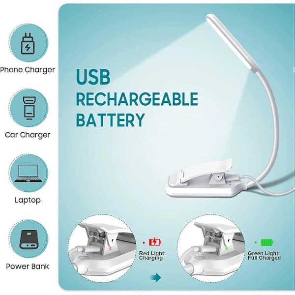 {PL}9 LED Leselys, Oppladbart Leselys i 3 Lysstyrkemoduser (Kaldhvit/Varmgul) hvit