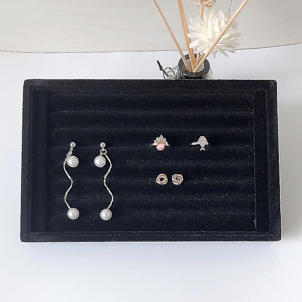 Sammets smyckesdisplaybricka med 7 fack, förvaringslåda, ringar örhängen förvaringshållare (svart) Aoba