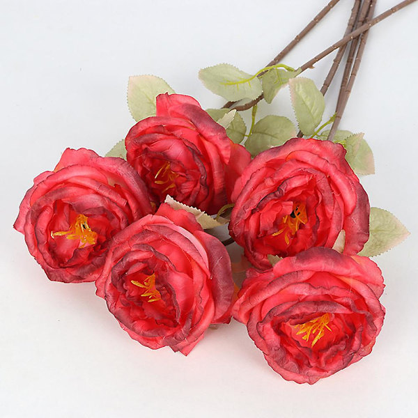 Parti med 5 stk. Rød Rose Kunstig Blomst Falsk Boligdekoration Ferier