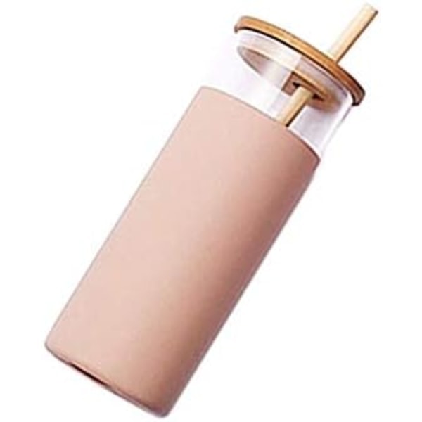 17Oz Glasmugg Bärbar Glasvattenflaska Sugrör Silikonskydd Bambulock