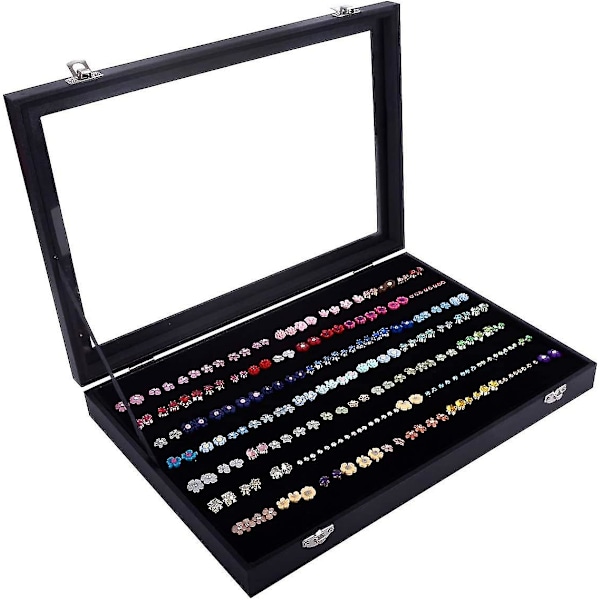 Sammetsklädd Smyckeskrin med Transparent Lock, 7 Fack, för Ringar, Örhängen, Svart