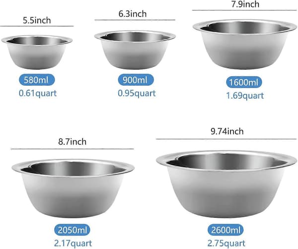 Rustfrie boller, sett med 5, stabelbar design for matlaging og baking