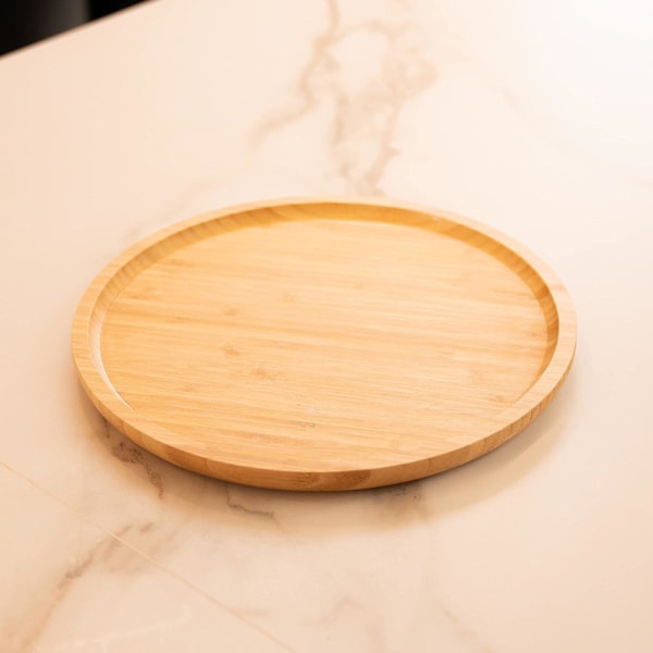 Serveringsbrett i bambus, rundt trebrett, serveringsbrett i tre, frukt, brød, salattallerken, serveringsbrett for spekemat (25 cm)
