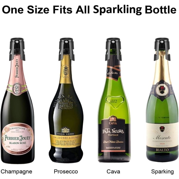 Champagneflaskförslutare 2-pack svart, rostfritt stål mousserande vinpropp med ren silikon lufttät försegling