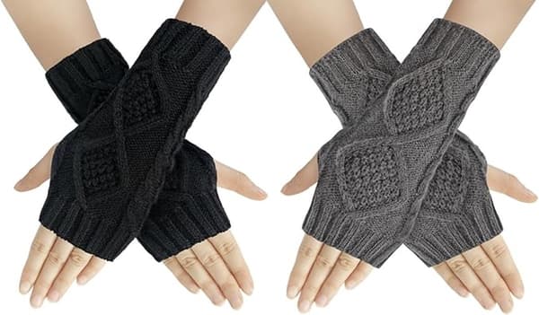2 par fingerløse handsker - Strikkede håndledsvarmere, Vinter Elegante - til kvinder - Grå & Sort