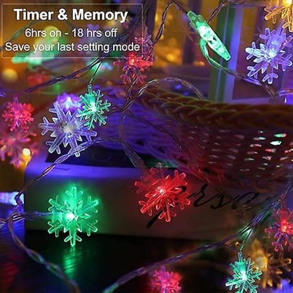 Fargede Snøfnugglys, 50 LED 4,9 meter Snøfnugg Julelys med Fjernkontroll, 8 Moduser LED Lyslenke Vanntett, Dimbar Batteridrevet Julebelysning