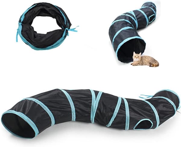 Kattetunnel, holdbart polyester foldbart design med stålfjederramme, sort og blå, til indendørs og udendørs katte og små kæledyr