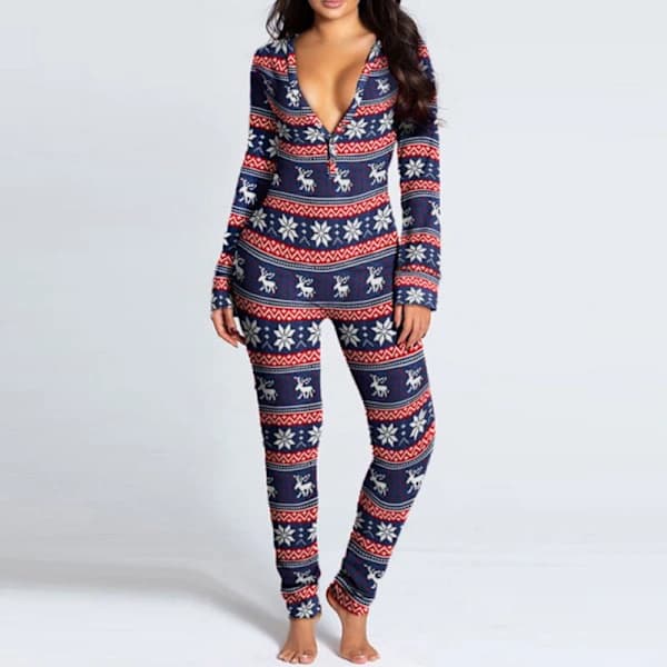 Dam One Piece Tryckt Sovplagg Julpyjamas Jumpsuit Rompers Långärmad Nattkläder Grå【PL】
