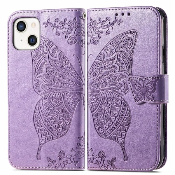 iPhone 13 - Sommerfugl Print Læder Etui - Lilla