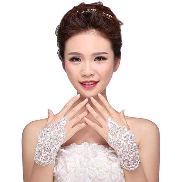 Vit - Elegant bröllopspar för damer med strass, spets, brudklänningshandskar för fest och opera.【pl】