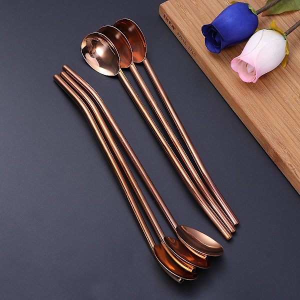 4 stk. Kreativ Blandeske Holdbare Rustfri Stålsugerør Ske Multifunktionel Røreske til Drikke (Rose Gold)