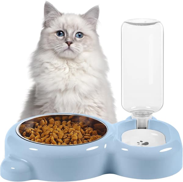 2-i-1 Kattefoder- og Vandskål - Automatisk Vanddispenser 500 ml med Rustfri Stålskål - Til Katte og Små Hunde - Lyseblå