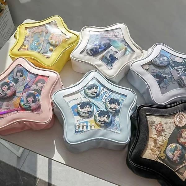 Stjerneformet Ita Taske Sort - PU Læder - Pin Display & Flere Bæremåder - 30cm×27cm×8cm