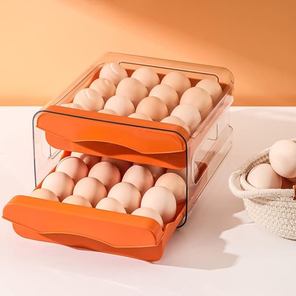 Egg Storage Container, 32-Compartment Transparent PET Stackable Egg Holder With Drawer Design For Refrigerator And Kitchen, Orange