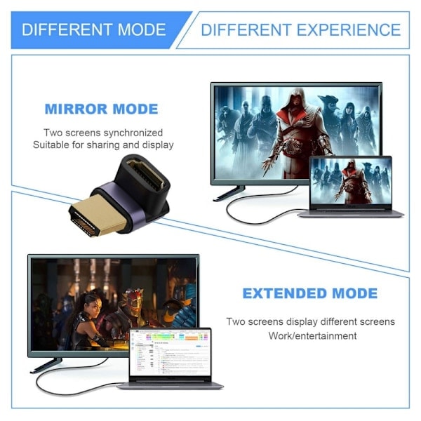 8K 60Hz 90° Yläkulma HDMI Uros - HDMI 2.1 Naaras Adapteri Sininen