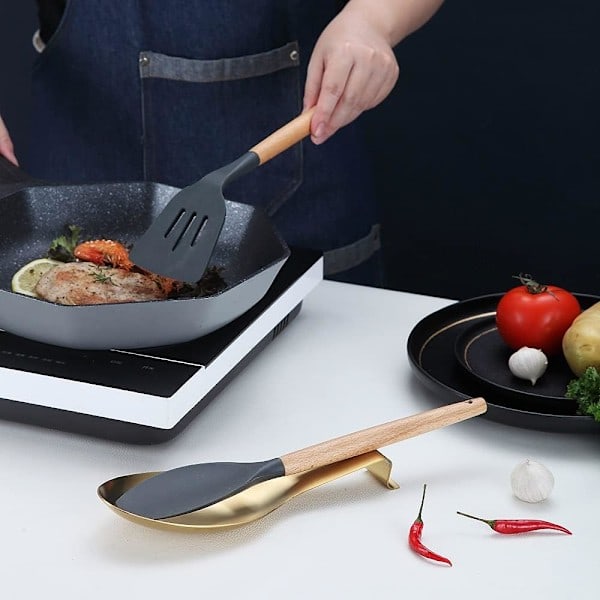 Matt Gyllene Skedstöd, Rostfritt Stål Skedhållare för Spis, Köksredskapshållare för Slev, Kastrullockshållare (1 Styck 25 cm)