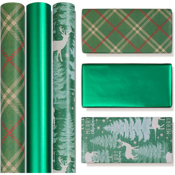 Presentpapper Stor Rulle 43cmx3m Grön Omslagspapper 3 Rullar Kraft Julpapper Tryckt med Älg och Julmotiv