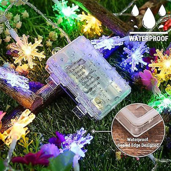 Fargede Snøfnugglys, 50 LED 4,9 meter Snøfnugg Julelys med Fjernkontroll, 8 Moduser LED Lyslenke Vanntett, Dimbar Batteridrevet Julebelysning