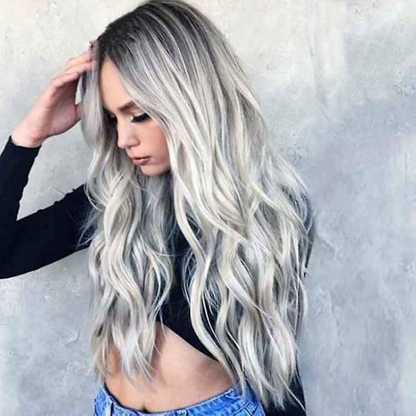 23\" Naturligt Fullt Peruk Hår Långt Vågig Peruk Syntetisk Värmebeständig (Ombre Silver)