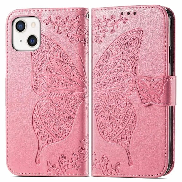 iPhone 13 - Sommerfugl Print Læder Etui - Pink