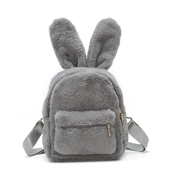 Faux Fur Mini Rygsæk Søde Kaninører Skuldertaske Pung Plys Sort 22*25*15CM