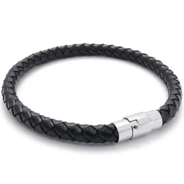 Armbånd i rustfrit stål og flettet læder, til mænd og kvinder, sort - Bredde 6 mm - Længde【PL】